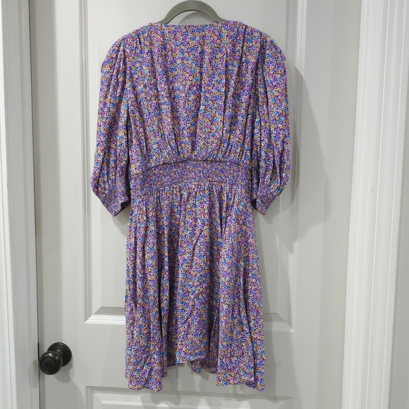 Zara Purple Blue Yellow Floral Puff Smocked Sleeve Sundress Mini, Deep Vneck, S - Picture 10 of 16
